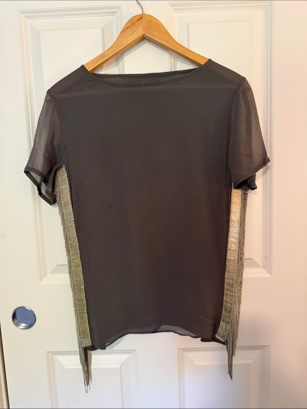ALLSAINTS  Short-Sleeve Top with Metallic Fringe Side Panels - Gray